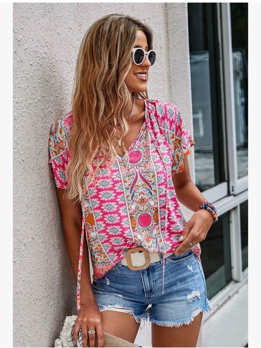 Pink Printed V-Neck Boho Blouse with Flutter Sleeves